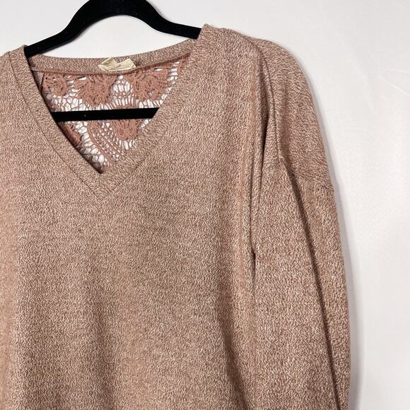 Hem & Thread M Orange Rust Heather Lace Inset Back VNeck Pullover Sweatshirt - Picture 3 of 10